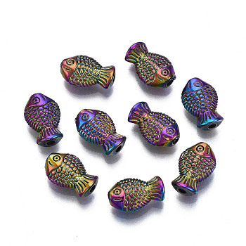 Rack Plating Rainbow Color Alloy Beads, Cadmium Free & Nickel Free & Lead Free, Fish, 10x6.5x3mm, Hole: 1.4mm
