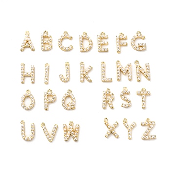 Plastic Imitation Pearl Pendants, with Brass Findings, Letter A~Z, Golden, 12~16x2~13x3mm, Hole: 1.4mm, 26pcs/set