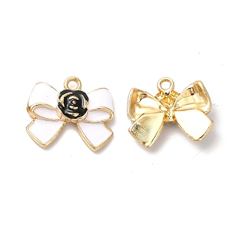 Alloy Enamel Charms, Cadmium Free & Nickel Free & Lead Free, Golden, Bowknot with Flower Charm, White, 17x20x5.5mm, Hole: 1.8mm
