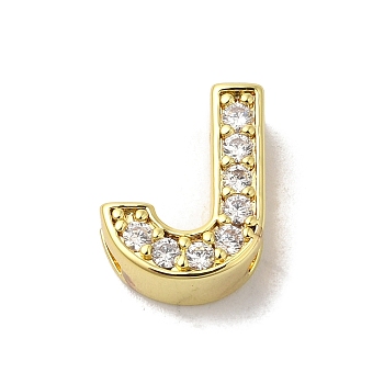 Brass Micro Pave Cubic Zirconia Beads, Lead Free & Cadmium Free, Long-Lasting Plated, Real 18K Gold Plated, Letter J, 12x9.5x5mm, Hole: 8.5x2mm