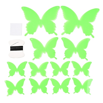 3D Plastic Luminous Wall Stickers, with Adhesive Tape, for Home Living Room Bedroom Wall Decorations, Butterfly, Lime, 44~90x55~110x0.2mm, 12pcs/set