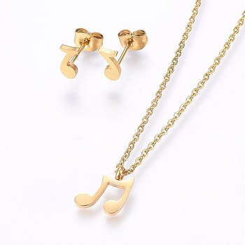 304 Stainless Steel Jewelry Sets, Stud Earrings and Pendant Necklaces, Note, Golden, Necklace: 17.7 inch(45cm), Stud Earrings: 8x4x1.2mm, Pin: 0.8mm