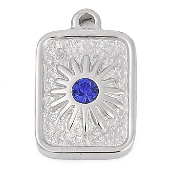 304 Stainless Steel Rhinestone Pendants, Rectangle with Sun Charm, Sapphire, 15.5x10x3mm, Hole: 1.4mm