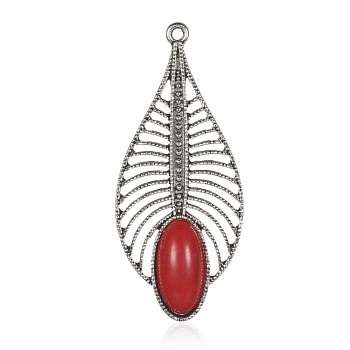 Leaf Alloy Synthetic Turquoise Big Pendants, Dyed, Antique Silver, Red, 61x27x6mm, Hole: 2mm