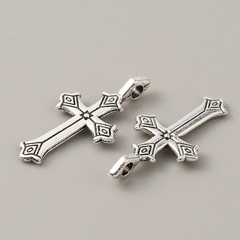 Tibetan Style Alloy Pendants, Cross Charm, Religion, Antique Silver, 23x12x3.5mm, Hole: 2mm