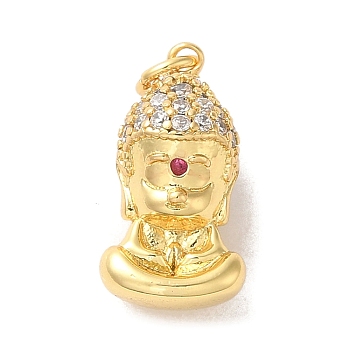Brass Micro Pave Clear Cubic Zirconia Pendants, with Jump Rings, Real 14K Gold Plated, Figure of Buddha, 15x8x7mm, Hole: 2.5mm