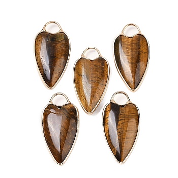 Natural Tiger Eye Pendants, with Golden Tone Brass Findings, Heart Charms, 33.5x17x5.5~6.5mm, Hole: 6x5mm