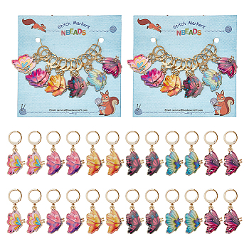 Alloy Enamel Butterfly Pendant Locking Stitch Markers, 304 Stainless Steel Clasps Stitch Marker, Mixed Color, 3.7cm, 6 style, 2pcs/style, 12pcs/set