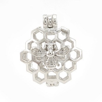 Alloy Locket Pendants, Diffuser Locket, Hollow, Honeycomb with Bee, Platinum, 26x22x13mm, Hole: 4x3mm, Inner Measure: 18mm