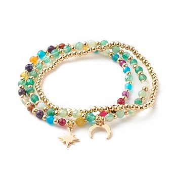 Natural Agate Round Beads Stretch Bracelets, Bracelet, Round, Moon & Star Brass Charm Bracelets for Girl Women, Golden, Sea Green, Inner Diameter: 2-1/4 inch(5.6cm), 3pcs/set
