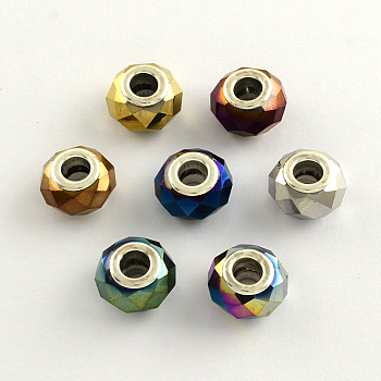 Glass European Beads, Large Hole Beads with Brass Plating Silver Color Plated Double Cores, Faceted, Rondelle, Mixed Color, 14x9mm, Hole: 5mm