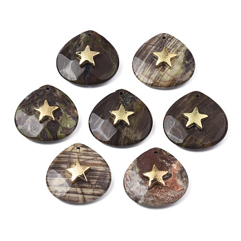 Natural Ocean Jasper Pendants, with Light Gold Plated Brass Star Findings, Faceted, Teardrop, 28~28.5x28~28.5x10mm, Hole: 1.2mm