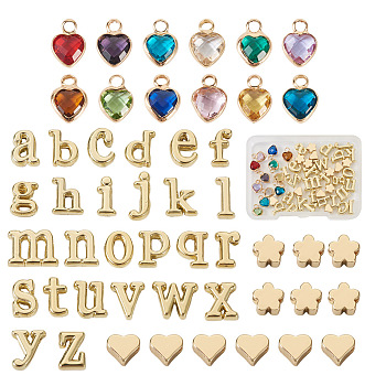 DIY Birthstone Jewelry Making Finding Kit, Including Flower & Heart Brass Beads, Letter A~Z Alloy & Glass Pendant, Mixed Color, 5~11.5x6~10x3mm, Hole: 1.2~1.8mm, 50Pcs/box