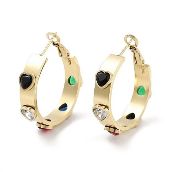 304 Stainless Steel Glass Hoop Earrings for Women, Heart Pattern, Real 18K Gold Plated, 6x32mm