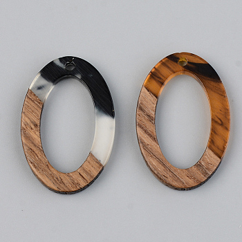Resin & Walnut Wood Pendants, Oval, Black, 29x19.5x3mm, Hole: 1.8mm