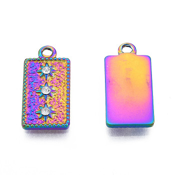 304 Stainless Steel Pendants, with Crystal Rhinestone, Rectangle with Star, Rainbow Color, 20.5x10x2.5mm, Hole: 1.6mm