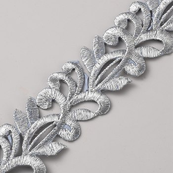 Ethnic Style Polyester Metallic Thread Embroidery Ribbon, Flower, for Garment Accessories, Gift Decoration, Silver, 1-3/8 inch(36mm), about 4.16 Yards(3.8m)/pc