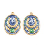 304 Stainless Steel Enamel Pendants, Oval with Flower & Horseshoe, Real 18K Gold Plated, PVD Vacuum Plating, Royal Blue, 28x20.5x2.5mm, Hole: 1.8mm(STAS-C158-04G-02)