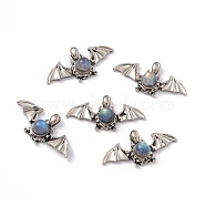 Natural Labradorite Pendants, Halloween Bat Charms, with Antique Silver Color Brass Findings, 18x37x9mm, Hole: 5x2.5mm(X-KK-A173-10AS)