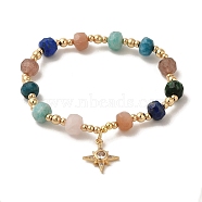 Faceted Rondelle Natural Fuchsite & Sunstone & Lapis Lazuli & Strawberry & Amazonite & Apatite & Rose Quartz Bead Stretch Bracelets, Star Charm Bracelets for Women, Real 14K Gold Plated, Inner Diameter: 2-1/8 inch(5.3cm)(BJEW-P318-02G-02)