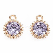Brass Micro Pave Cubic Zirconia Charms, Nickel Free, Real 18K Gold Plated, Faceted Flat Round, Medium Orchid, 9x7x4mm, Hole: 1.2mm(KK-S356-772F)