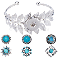 DIY Interchangeable Flower Bangle Making Kit, Including Alloy Leaf Interchangeable Snap Open Cuff Bangle Settings, Alloy Snap Button, Turquoise, 7Pcs/bag(DIY-SC0023-23)