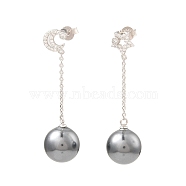 Shell Pearl Round Dangle Stud Earrings, Moon & Star Real Platinum Plated Rhodium Plated 925 Sterling Silver Asymmetrical Earrings with Cubic Zirconia, Gray, 45x12mm(EJEW-Z024-08A-P)