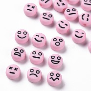 Opaque Pearl Pink Acrylic Beads, Flat Round with Black Random Expression, 7x4mm, Hole: 1.6mm, about 3650pcs/500g(MACR-N008-42-C03)