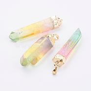 Electroplate Natural Quartz Crystal Pendants, Point Pendants, with Brass Findings, Faceted, Nuggets, Golden, Colorful, 51~59x8~15mm, Hole: 5x8mm(G-F463-26G)