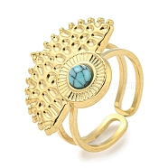 Ion Plating(IP) 304 Stainless Steel Synthetic Turquoise Cuff Rings, Fan Open Rings for Women, Real 18K Gold Plated, 22.5x17.5mm, Inner Diameter: Adjustable(G-Z056-02G-04)