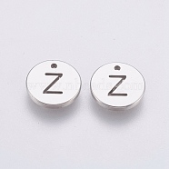 304 Stainless Steel Charms,  Flat Round with Letter, Stainless Steel Color, Letter.Z, 10x1mm, Hole: 1mm(STAS-P225-104P-22)