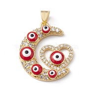 Rack Plating Brass Micro Pave Cubic Zirconia Pendants, with Enamel Evil Eye, Long-Lasting Plated, Cadmium Free & Lead Free, Real 18K Gold Plated, Crescent Moon with Heart Charm, Red, 24.5x21x4.5mm, Hole: 5x3mm(KK-E003-25G-02)