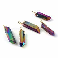 Electroplate Natural Crystal Pendants, Point Pendants, with Findings, Golden, Mixed Color, 40~47x8~12x8~12mm, Hole: 2.5mm(G-Q458-37)