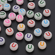 Acrylic Beads, Glow in the Dark, with Enamel and Luminous, Horizontal Hole, Flat Round with Alphabet, Letter.U, 6.5x7x4mm, Hole: 1.6mm, about 3600pcs/500g(MACR-N008-58U)