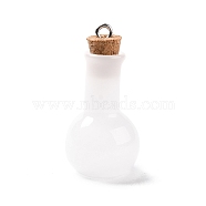 Glass Pendants, with Wood Bottle Stopper and Platinum Alloy Loops, Bulb Shaped, White, 34x18mm, Hole: 2mm(GLAA-P053-01A-05)