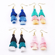 Nylon Tassel Dangle Earrings, with Brass Finding, Golden, Mixed Color, 70mm, 50x5mm, Pin: 0.5mm(EJEW-JE02645)