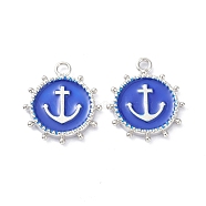 Eco-Friendly Stainless Steel Enamel Pendants, Platinum, Long-Lasting Plated, Flat Round with Anchor, Medium Blue, 20x16.5x2.2mm, Hole: 1.9mm(STAS-C031-02P-01)