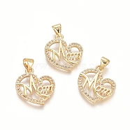 Brass Micro Pave Clear Cubic Zirconia Pendants, Heart with Word MOM, For Mother's Day, Golden, 20x19x2.5mm, Hole: 3.5x4.5mm(ZIRC-G152-24G)