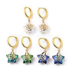 Brass Huggie Hoop Earring, with Electroplate Glass Pendants, Star, Golden, Mixed Color, 31.5mm, Pin: 1mm(EJEW-JE04261)