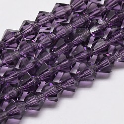 Transparent Glass Beads Strands, Faceted, Bicone, Purple, 3.5~3.8x3mm, Hole: 0.8mm, about 113~115pcs/strand, 14.17~14.37 inch(36~36.5cm)(EGLA-A039-T3mm-D04)