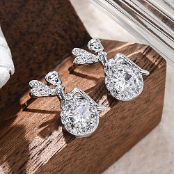 Brass Micro Pave Cubic Zirconia Stud Earrings, Fairy, Real Platinum Plated, 12x7.5mm(EJEW-D288-18P)