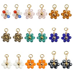 27Pcs 9 Colors Glass Pendants, with Golden Plated Alloy Findings, Faceted, Flower, Mixed Color, 11x10x3.5mm, Hole: 2.6mm, 3pcs/color(GLAA-CJ0001-83)