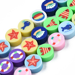Handmade Polymer Clay Beads Strands, Flat Round, Mixed Color, 9.5x5mm, Hole: 1.6mm, about 40pcs/strand, 14.57 inch~14.76 inch(37cm~37.5cm)(CLAY-T020-04)