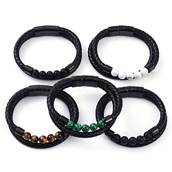 Mixed Stone Round Bead Leather Cord Multi-strand Bracelets, with 304 Stainless Steel Magnetic Clasps, for Men Women, Black, 8-3/8~8-1/2 inch(21.2~21.5cm), 12~14.5mm(BJEW-A009-10EB)