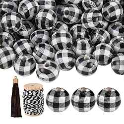 50Pcs Wooden Round Beads with Tartan Pattern, 10Pcs Polyester Tassel Big Pendant Decorations, 1 Roll Cotton String Threads, for DIY Jewelry Finding Kits, Black, 16mm, Hole: 4mm, 50pcs/bag(sgDIY-SZ0003-11A)