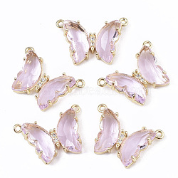 Glass Pendants, with  Micro Pave Cubic Zirconia and Brass Open Back Settings, Faceted, Butterfly, Golden, Pearl Pink, 16.5x23.5x5.5mm, Hole: 1.2mm(X-GLAA-T020-01E)