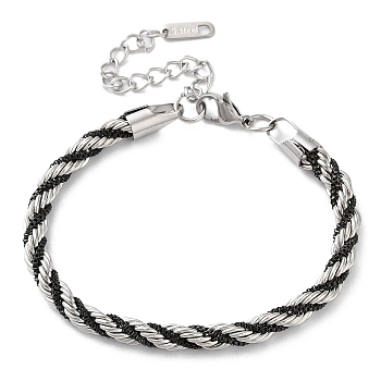 304 Stainless Steel Rope Chain Bracelets for Women, Black, Stainless Steel Color, 7-1/4 inch(18.5cm), 5mm