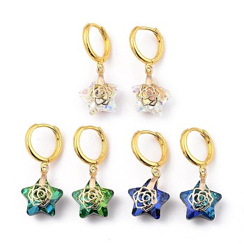 Brass Huggie Hoop Earring, with Electroplate Glass Pendants, Star, Golden, Mixed Color, 31.5mm, Pin: 1mm