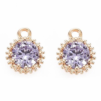 Brass Micro Pave Cubic Zirconia Charms, Nickel Free, Real 18K Gold Plated, Faceted Flat Round, Medium Orchid, 9x7x4mm, Hole: 1.2mm