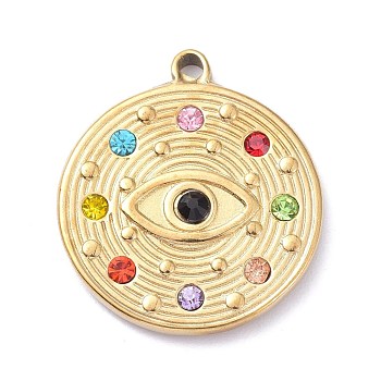 Ion Plating(IP) 304 Stainless Steel Pendants, with Rhinestone, Flat Round with Eye, Golden, 23x20.5x3mm, Hole: 1.6mm